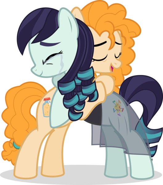 Size: 5282x5990 | Tagged: safe, artist:jhayarr23, derpibooru import, coloratura, pear butter, earth pony, pony, the perfect pear, absurd resolution, alternate universe, clothes, crying, duo, female, hug, mare, rara, simple background, smiling, tears of joy, transparent background, vector