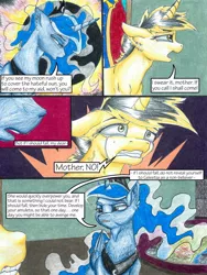 Size: 1024x1365 | Tagged: safe, artist:tillie-tmb, derpibooru import, princess luna, oc, oc:tempest, pony, unicorn, comic:the amulet of shades, comic, female, mare, traditional art