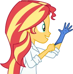 Size: 3001x3035 | Tagged: safe, artist:cloudyglow, derpibooru import, sunset shimmer, equestria girls, friendship games, the science of magic, .ai available, bend over, clothes, gloves, lab coat, rubber gloves, simple background, smiling, solo, sunset the science gal, transparent background, vector