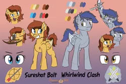 Size: 3000x2000 | Tagged: safe, artist:floofyfoxcomics, derpibooru import, oc, oc:sureshot bolt, oc:whirlwind clash, unofficial characters only, pegasus, pony, crossbow, female, high res, male, mare, mouth hold, reference sheet, stallion, wingblade