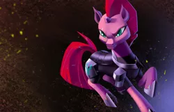 Size: 1024x658 | Tagged: safe, artist:envidia14, derpibooru import, tempest shadow, pony, unicorn, my little pony: the movie, abstract background, armor, broken horn, eye scar, female, mare, scar, solo