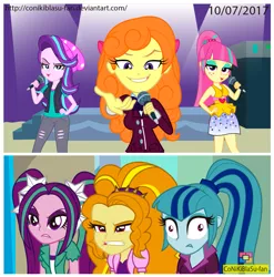 Size: 989x1003 | Tagged: safe, artist:conikiblasu-fan, derpibooru import, adagio dazzle, aria blaze, orange sherbette, sonata dusk, sour sweet, starlight glimmer, dance magic, equestria girls, mirror magic, spoiler:eqg specials, angry, background human, beanie, derp, error, hat, microphone, replaced, the dazzlings