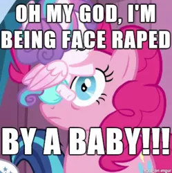 Size: 368x370 | Tagged: semi-grimdark, suggestive, derpibooru import, edit, edited screencap, screencap, pinkie pie, princess flurry heart, pony, the crystalling, caption, funny, image macro, implied foalcon, implied rape, meme, out of context, princess facehugger, sex