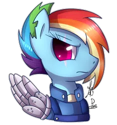 Size: 730x779 | Tagged: safe, artist:angelanelapis, artist:soundwavepie, derpibooru import, rainbow dash, pegasus, pony, alternate timeline, amputee, augmented, bust, collaboration, colored pupils, crystal war timeline, female, frown, mare, portrait, prosthetic limb, prosthetic wing, prosthetics, scar, signature, simple background, solo, torn ear, transparent background