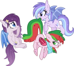 Size: 4665x4164 | Tagged: safe, artist:sugguk, derpibooru import, oc, oc:sparkling jade, oc:stardust, oc:watermelonie, unofficial characters only, bat pony, food pony, original species, absurd resolution, food, watermelon