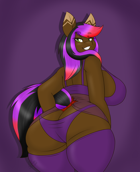 Size: 1315x1612 | Tagged: suggestive, derpibooru import, oc, oc:bebop pop, unofficial characters only, anthro, earth pony, anthro oc, ass, big breasts, blank flank, bra, breasts, clothes, commission, female, gradient mane, huge breasts, lingerie, looking at you, looking back, mare, multicolored hair, purple underwear, sideboob, simple background, smiling, solo, solo female, the ass was fat, underwear