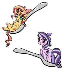 Size: 1800x2000 | Tagged: safe, artist:phyllismi, derpibooru import, starlight glimmer, sunset shimmer, pony, unicorn, duo, female, horse spooning meme, mare, meme, simple background, spoon, tiny ponies, white background