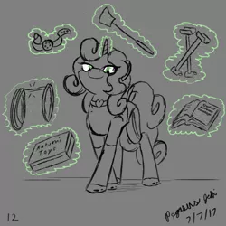 Size: 2000x2000 | Tagged: suggestive, artist:floofyfoxcomics, derpibooru import, oc, oc:autumn science, unofficial characters only, pony, unicorn, ballgag, book, box, female, gag, high res, mare, monochrome, neo noir, partial color, riding crop, rope, sketch, solo, spreader bar