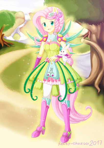 Size: 2480x3508 | Tagged: safe, artist:kateychazuu, derpibooru import, angel bunny, fluttershy, rabbit, equestria girls, legend of everfree, anime, clothes, crystal wings, cute, dress, duo, high heels, looking at you, outdoors, ponied up, pony ears, ponytail, river, shyabetes, smiling, solo, sparkles, super ponied up, tree, wings