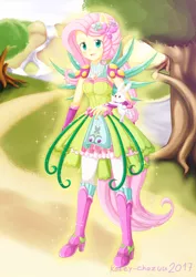 Size: 2480x3508 | Tagged: safe, artist:kateychazuu, derpibooru import, angel bunny, fluttershy, rabbit, equestria girls, legend of everfree, anime, clothes, crystal wings, cute, dress, duo, high heels, looking at you, outdoors, ponied up, pony ears, ponytail, river, shyabetes, smiling, solo, sparkles, super ponied up, tree, wings