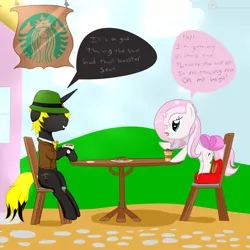 Size: 3000x3000 | Tagged: safe, artist:ricktin, derpibooru import, oc, oc:gold rush, oc:stardust nicole silvermane, unofficial characters only, pony, unicorn, booster seat, bow, chair, clothes, coat, coffee, coffee cup, cup, cute, dialogue, donut, duo, duo male, femboy, food, hat, male, sitting, stallion, table, trap