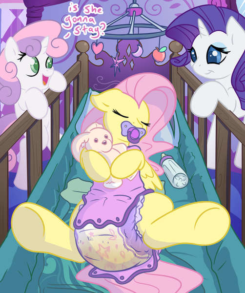 Size: 1381x1650 | Tagged: questionable, artist:sylph-space, derpibooru import, fluttershy, rarity, sweetie belle, pony, baby bottle, crib, cute, diaper, diaper fetish, fetish, messy, messy diaper, onesie, pacifier, plushie, poofy diaper, poop, poopy diaper, shyabetes, sleeping, story in the source, urine, wet, wet diaper