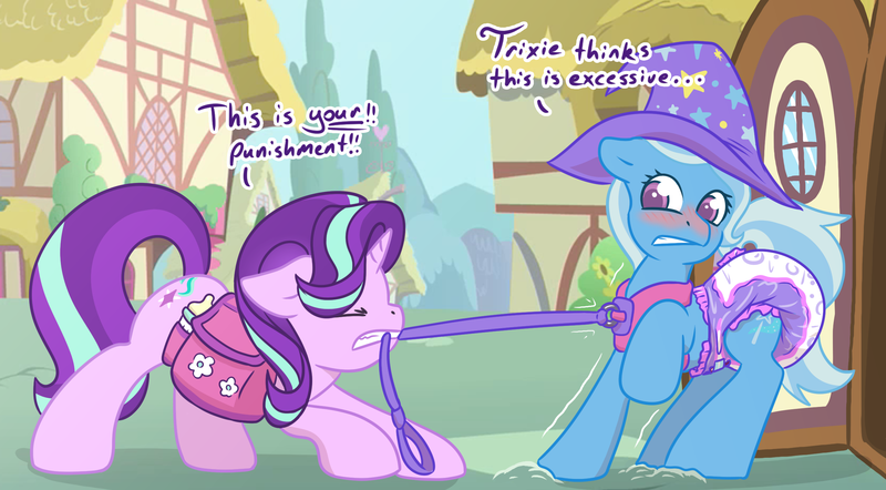 Size: 2550x1409 | Tagged: questionable, artist:sylph-space, derpibooru import, starlight glimmer, trixie, pony, unicorn, blushing, collar, context is for the weak, cute, diaper, diaper fetish, diaper punishment, diatrixes, female, femdom, fetish, glimmerbetes, humiliation, leash, mare, pet play, poofy diaper, punishment, saddle bag, stardom glimmer, the weak and powerless trixie