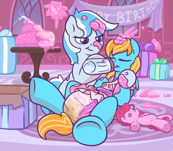 Size: 1777x1555 | Tagged: questionable, artist:sylph-space, derpibooru import, oc, oc:scherzando, oc:snow frost, unofficial characters only, pony, baby bottle, birthday, birthday cake, birthday party, bottle feeding, cake, cute, diaper, diaper fetish, fetish, food, messy, messy diaper, party, plushie, poofy diaper, poop, poopy diaper, present, sissy, urine, wet diaper