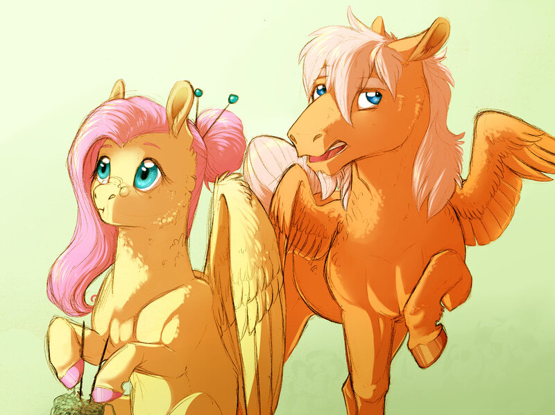 Size: 1280x957 | Tagged: safe, artist:vindhov, derpibooru import, fluttershy, oc, oc:bumble, pegasus, pony, :t, duo, female, glasses, male, mare, mother and son, offspring, older, parent:fluttershy, parent:ponet, parents:ponetshy, raised hoof, stallion