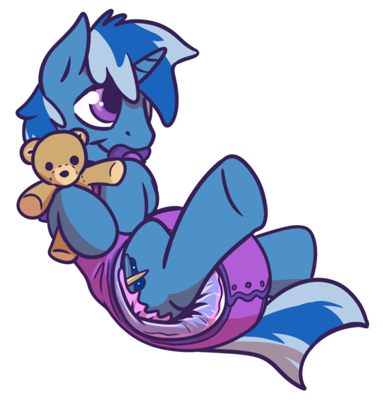 Size: 1329x1450 | Tagged: questionable, artist:sylph-space, derpibooru import, oc, oc:midnight brush, unofficial characters only, pony, cute, diaper, diaper fetish, fetish, onesie, pacifier, poofy diaper, solo, teddy bear