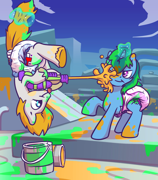 Size: 1308x1484 | Tagged: questionable, artist:sylph-space, derpibooru import, oc, oc:bonded friendship, oc:meredan, unofficial characters only, inkling, pony, diaper, diaper fetish, fetish, paint, paint in hair, paint on fur, poofy diaper, splatoon, splattershot