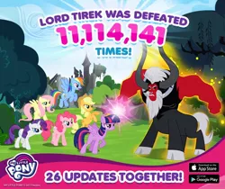 Size: 940x788 | Tagged: safe, derpibooru import, official, applejack, fluttershy, lord tirek, pinkie pie, rainbow dash, rarity, twilight sparkle, twilight sparkle (alicorn), alicorn, pony, castle of the royal pony sisters, everfree forest, gameloft, mane six, missing cutie mark, my little pony logo, statistics