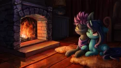 Size: 1920x1080 | Tagged: dead source, safe, artist:inowiseei, derpibooru import, oc, oc:moonheart, oc:onyx, unofficial characters only, bat pony, pony, unicorn, bat pony oc, commission, female, fireplace, male, oc x oc, shipping, straight