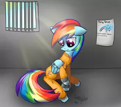 Size: 2152x1894 | Tagged: safe, artist:totalpartydash, derpibooru import, rainbow dash, pony, bound wings, chains, clothes, cuffed, cuffs, handcuffed, jail, poster, prison, prison outfit, prisoner, prisoner rd, sad, shackles, solo