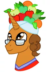 Size: 380x548 | Tagged: safe, artist:shera5, derpibooru import, oc, oc:thomasseidler, oc:thomastheautisticunicorn, unofficial characters only, pony, unicorn, apple, cute, food, fruit hat, glasses, handsome, hat, orange, thomas