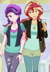 Size: 886x1280 | Tagged: safe, artist:jonfawkes, derpibooru import, starlight glimmer, sunset shimmer, human, equestria girls, mirror magic, spoiler:eqg specials, bag, beanie, clothes, duo, female, hat, jacket, jewelry, necklace, open mouth, pants, scene interpretation, shirt, smiling, vest, watch