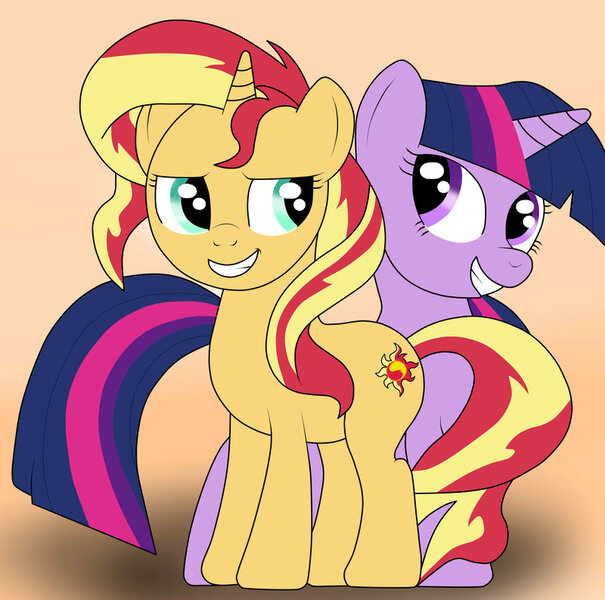 Size: 800x794 | Tagged: safe, artist:fj23pk, derpibooru import, sunset shimmer, twilight sparkle, pony, unicorn, cute, female, lesbian, looking at each other, mare, shimmerbetes, shipping, simple background, smiling, sunsetsparkle, twiabetes