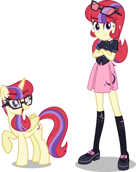 Size: 6000x7575 | Tagged: safe, artist:orin331, derpibooru import, moondancer, pony, unicorn, dancerverse, equestria girls, absurd resolution, alternate hairstyle, alternate universe, clothes, crossed arms, cute, dancerbetes, duo, female, glasses, human ponidox, looking at you, mare, moondancercorn, raised hoof, self ponidox, shoes, skirt, socks