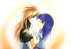 Size: 1319x906 | Tagged: safe, artist:clownpoisson, derpibooru import, sunset shimmer, twilight sparkle, equestria girls, blushing, female, human coloration, imminent kissing, lesbian, looking at each other, shipping, sunsetsparkle