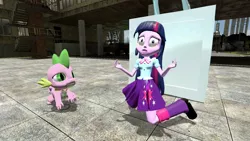 Size: 1600x900 | Tagged: safe, artist:1900895360h, derpibooru import, spike, twilight sparkle, equestria girls, 3d, gmod, horrified, scene interpretation, screaming, twiscream