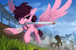 Size: 2300x1514 | Tagged: semi-grimdark, artist:yakovlev-vad, derpibooru import, oc, unofficial characters only, pegasus, pony, bandage, blood, commission, female, fight, grass, looking back, mare, mouth hold, silhouette, sword, underhoof, weapon