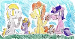Size: 1265x652 | Tagged: safe, artist:ptitemouette, derpibooru import, amethyst star, carrot top, derpy hooves, dinky hooves, golden harvest, oc, oc:bubble top, pony, derpytop, family, female, food, lesbian, muffin, parent:carrot top, parent:derpy hooves, parents:derpytop, shipping, traditional art