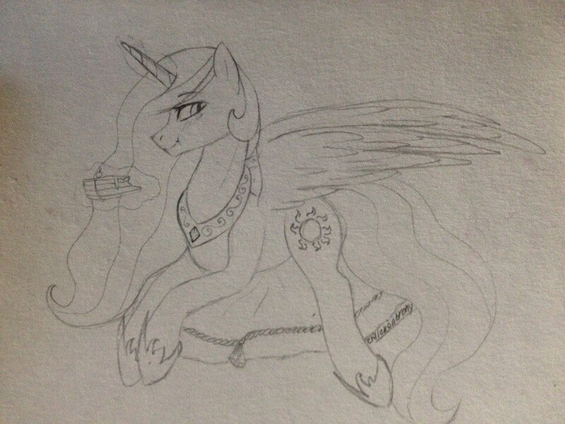 Size: 960x720 | Tagged: safe, artist:chickenbrony, derpibooru import, princess celestia, alicorn, pony, cake, female, food, grin, looking at you, mare, prone, sketch, smiling, solo, traditional art, wings