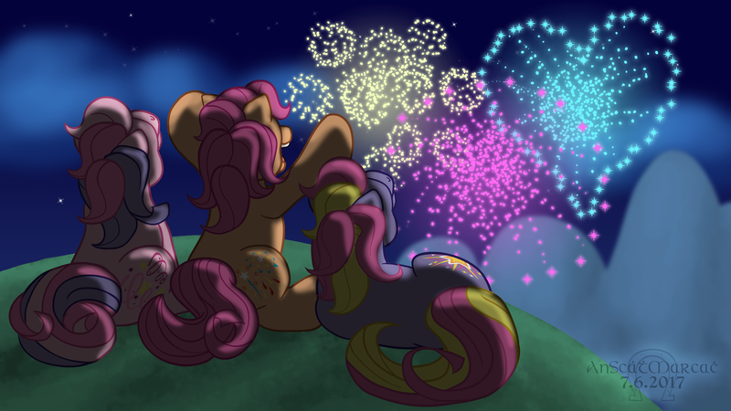 Size: 1920x1080 | Tagged: safe, artist:anscathmarcach, derpibooru import, dazzle surprise, sparkleworks, pony, 4th of july, complex background, fireworks, g3, group, holiday, night, star shimmer