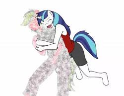 Size: 1244x958 | Tagged: safe, artist:linedraweer, derpibooru import, shining armor, oc, anthro, unguligrade anthro, unicorn, anthro oc, canon x oc, commission, crying, fading, gleaming shield, hug, hug from behind, rule 63