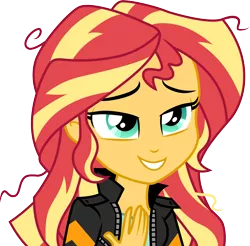 Size: 3048x3001 | Tagged: safe, artist:cloudyglow, derpibooru import, sunset shimmer, equestria girls, friendship games, bedroom eyes, clothes, female, jacket, messy hair, shirt, simple background, smiling, solo, transparent background, vector