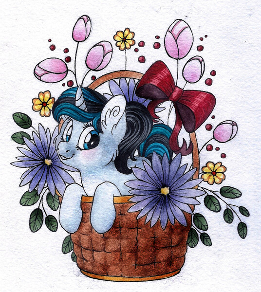 Size: 1089x1218 | Tagged: safe, artist:red-watercolor, derpibooru import, oc, oc:mirror image, unofficial characters only, pony, unicorn, basket, flower, pony in a basket, ribbon, smiling, solo, traditional art, watercolor painting