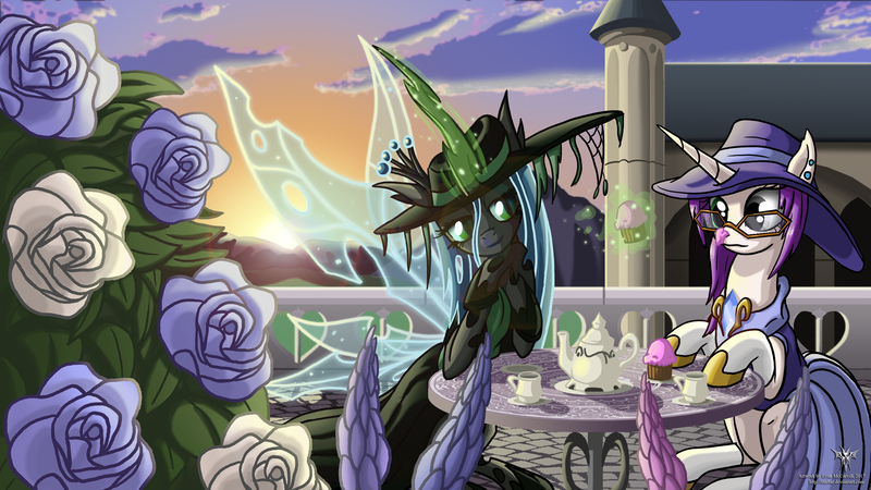 Size: 2000x1125 | Tagged: safe, artist:starbat, derpibooru import, queen chrysalis, oc, oc:kyoponi, changeling, pony, unicorn, clothes, commission, cupcake, dichromatic, dress, female, flower, food, glasses, hat, magic, mare, sunrise, table, tea, teapot