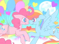 Size: 1024x768 | Tagged: safe, artist:mihopony, derpibooru import, pinkie pie, rainbow dash, earth pony, pegasus, pony, balloon, boop, female, floating, heart eyes, lesbian, looking at each other, noseboop, pinkiedash, rainbow, shipping, smiling, starry eyes, then watch her balloons lift her up to the sky, wingding eyes