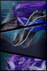 Size: 1265x1920 | Tagged: safe, artist:darkestmbongo, derpibooru import, oc, oc:d.d, unofficial characters only, pony, comic:ddthemaid memories, asphyxiation, clothes, dress, drowning, holding breath, kelp, log, pinpoint eyes, scared, underwater