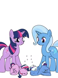 Size: 600x800 | Tagged: safe, artist:dekomaru, derpibooru import, trixie, twilight sparkle, oc, oc:aurora, oc:nebula, pony, unicorn, tumblr:ask twixie, ask, colt, face down ass up, female, filly, lesbian, magical lesbian spawn, male, mare, offspring, parent:trixie, parent:twilight sparkle, parents:twixie, shipping, simple background, tumblr, twixie, white background, zzz