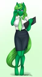 Size: 2142x3910 | Tagged: safe, artist:askbubblelee, derpibooru import, oc, oc:lime dream, unofficial characters only, anthro, unguligrade anthro, unicorn, anthro oc, clipboard, clothes, commission, female, glasses, legs, looking at you, mare, necktie, secretary, shirt, side slit, skirt, smiling, solo