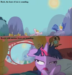 Size: 573x601 | Tagged: cropped, derpibooru import, dishevelled, edit, edited screencap, gilbert and sullivan, golden oaks library, lesson zero, lyrics, safe, screencap, song reference, text, trial by jury (opera), twilighting, twilight sparkle, windmill