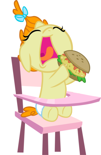 Size: 721x1109 | Tagged: safe, artist:trini-mite, deleted from derpibooru, derpibooru import, edit, pumpkin cake, pony, baby, baby pony, burger, cute, foal, food, oat burger, oats, open mouth, simple background, transparent background, vector
