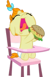 Size: 721x1109 | Tagged: safe, artist:trini-mite, deleted from derpibooru, derpibooru import, edit, pumpkin cake, pony, baby, baby pony, burger, cute, foal, food, oat burger, oats, open mouth, simple background, transparent background, vector