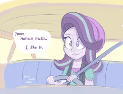 Size: 1300x1000 | Tagged: safe, artist:heir-of-rick, derpibooru import, starlight glimmer, human, equestria girls, mirror magic, spoiler:eqg specials, beanie, car, clothes, colored sketch, driving, female, hat, jerry smith, music, parody, rick and morty, shirt, simulation, smiling, solo, speech bubble
