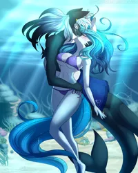 Size: 2000x2500 | Tagged: suggestive, artist:silverfox057, derpibooru import, oc, oc:bubble lee, oc:imago, oc:mako, unofficial characters only, anthro, earth pony, hybrid, orca pony, original species, unicorn, anthro oc, belly button, big breasts, bikini, breasts, chest freckles, clothes, couple, eyes closed, female, flankles, freckles, gradient mane, kissing, makolee, male, oc x oc, shipping, shoulder freckles, straight, swimming, swimsuit, underwater