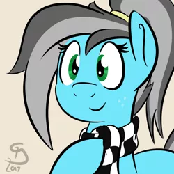 Size: 1200x1200 | Tagged: safe, artist:glimglam, derpibooru import, oc, oc:pole position, unofficial characters only, earth pony, pony, bust, clothes, female, freckles, hoof on chest, looking at you, mare, ponytail, portrait, scarf, simple background, smiling, solo