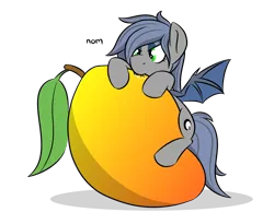 Size: 1100x900 | Tagged: safe, artist:glimglam, derpibooru import, oc, oc:eclipse penumbra, unofficial characters only, bat pony, pony, female, food, mango, mare, nom, simple background, solo, transparent background