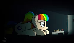 Size: 1200x700 | Tagged: safe, artist:glimglam, derpibooru import, oc, oc:sidney, ponified, unofficial characters only, pony, commodore 64, computer, freckles, lying down, monitor, ponytail, rainbow hair, solo, tired